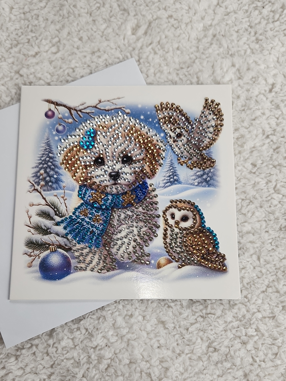 Sparkling Winter Puppy & Owls Holiday Diamond Painting Art Card - Blue Accents